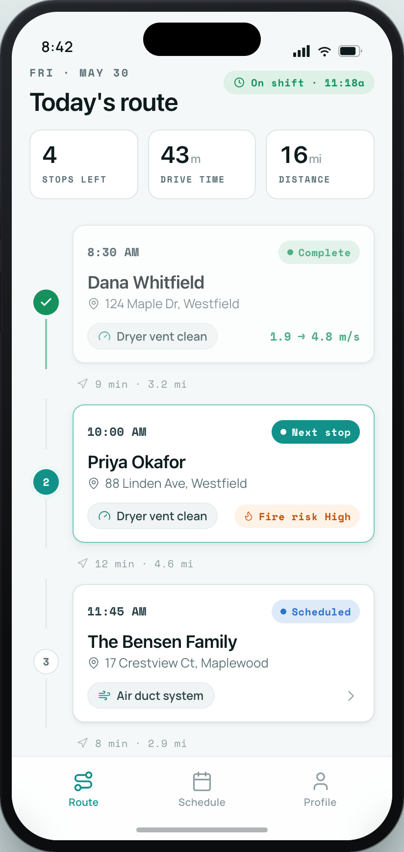 Field crew app — today's route with every stop in drive order