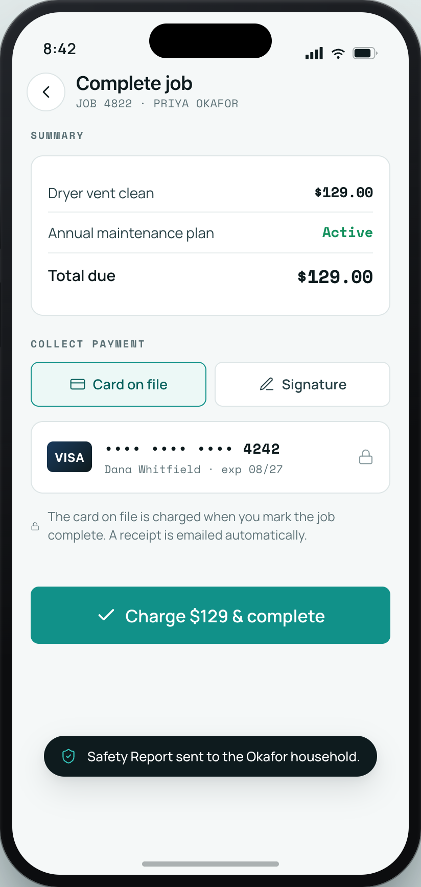 Field crew app — charge the card on file and close the job